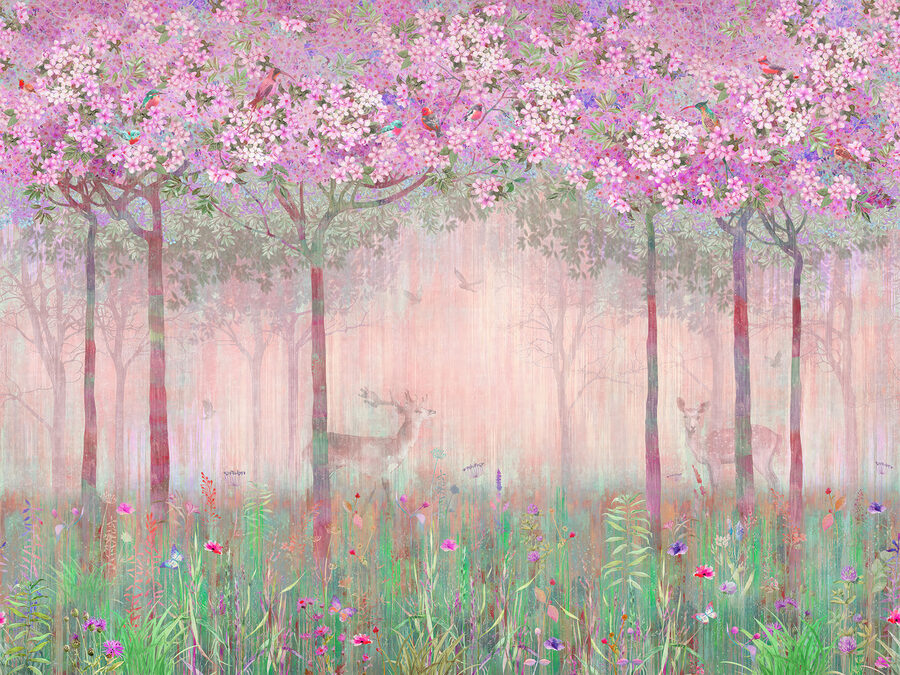 A painting of a forest with pink flowers and trees u62100v3p 900x675 - A painting of a forest with pink flowers and trees - tegory