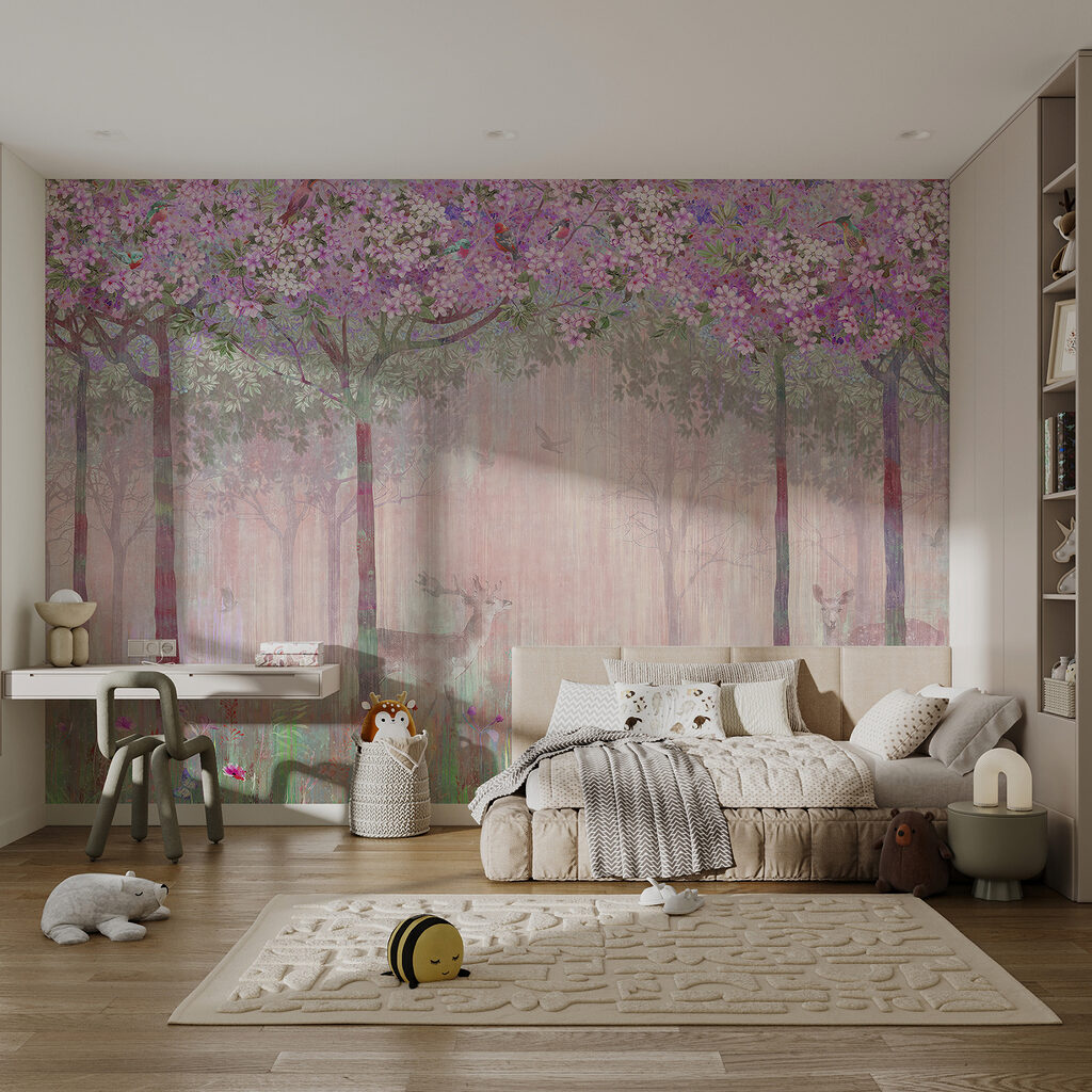 u62100v3pir1m 1024x1024 - A painting of a forest with pink flowers and trees - tegory