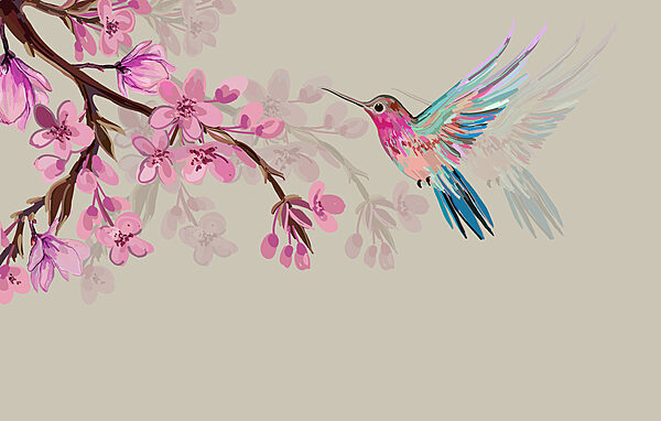 A bird flying next to a branch of flowers w00693v1p 600x382 - A bird flying next to a branch of flowers - tegory