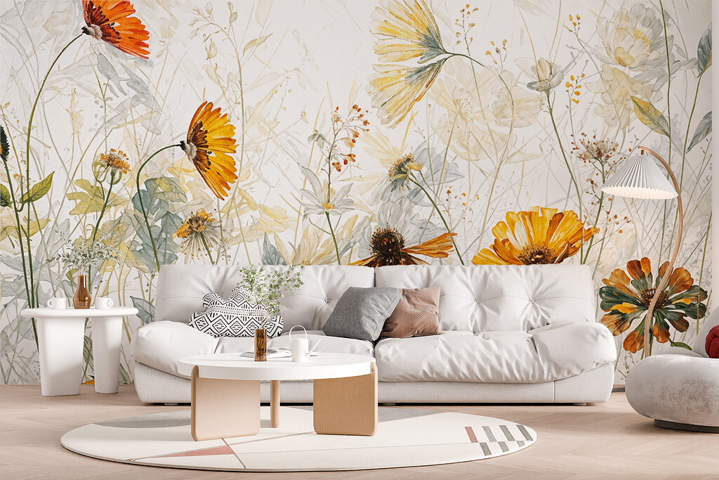 A painting of flowers and leaves