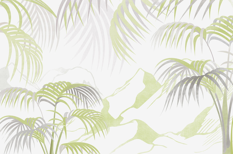 A white and green background with palm leaves