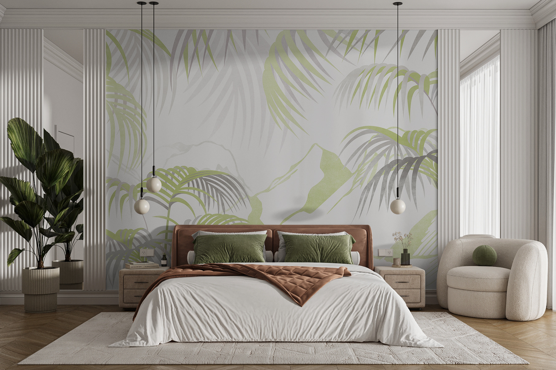 A white and green background with palm leaves