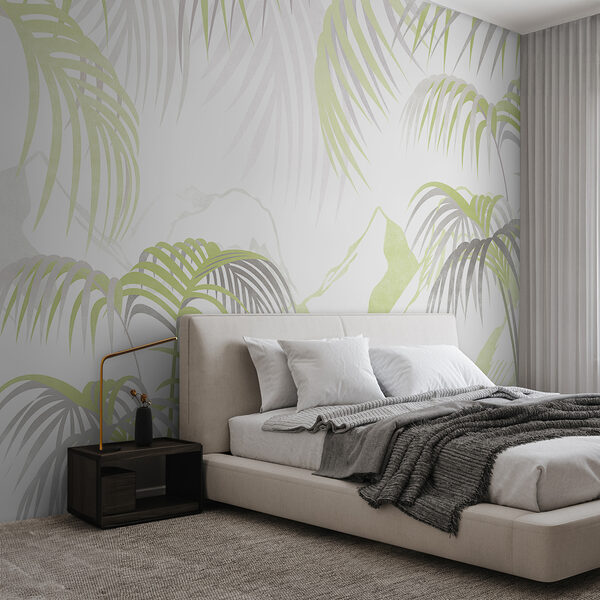 A white and green background with palm leaves A white and green background with palm leaves