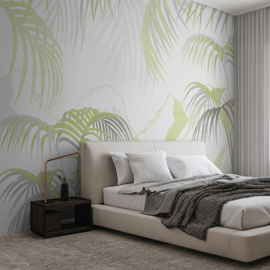 A white and green background with palm leaves