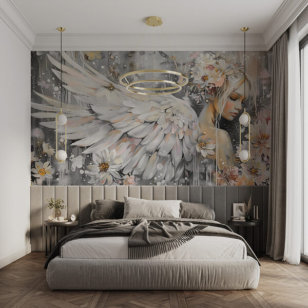 A painting of a woman with wings and flowers A painting of a woman with wings and flowers