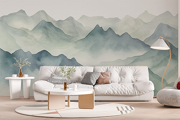 A watercolor of mountains and fog A watercolor of mountains and fog