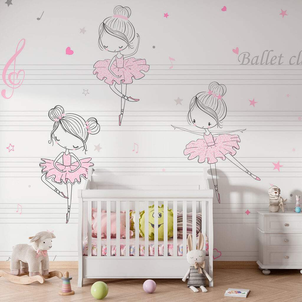 A group of pink and white ballet dancers on musical notes