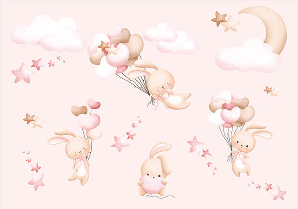 A group of cartoon bunnies holding balloons A group of cartoon bunnies holding balloons