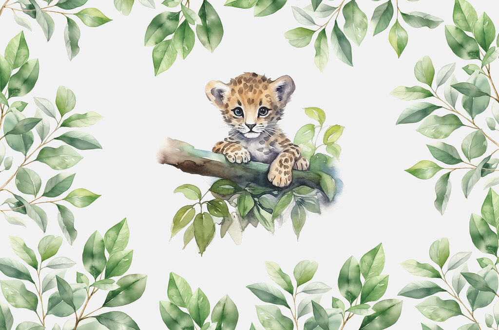 A watercolor of a baby leopard on a tree branch A watercolor of a baby leopard on a tree branch