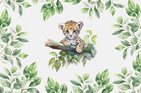 A watercolor of a baby leopard on a tree branch A watercolor of a baby leopard on a tree branch