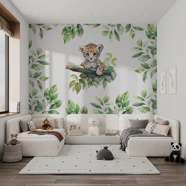 A watercolor of a baby leopard on a tree branch A watercolor of a baby leopard on a tree branch