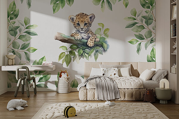 A watercolor of a baby leopard on a tree branch A watercolor of a baby leopard on a tree branch