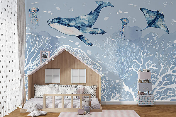 A whale and stingrays swimming in the ocean Wall murals A whale and stingrays swimming in the ocean