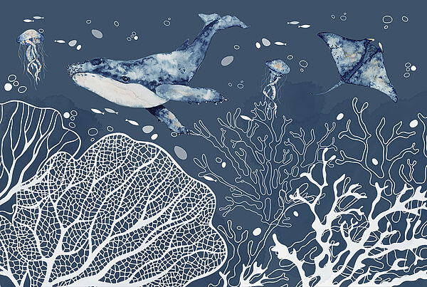 A whale and stingrays swimming in the ocean A whale and stingrays swimming in the ocean
