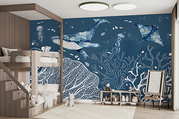 A whale and stingrays swimming in the ocean A whale and stingrays swimming in the ocean