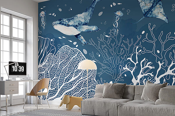 A whale and stingrays swimming in the ocean A whale and stingrays swimming in the ocean