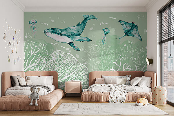 A whale and stingrays swimming in the ocean A whale and stingrays swimming in the ocean