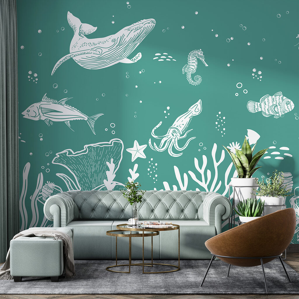 A white outline of sea animals A white outline of sea animals