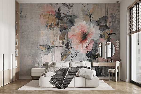 A painting of flowers on a wall A painting of flowers on a wall