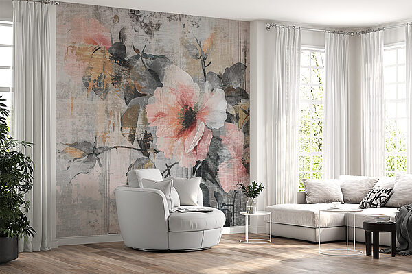 A painting of flowers on a wall A painting of flowers on a wall