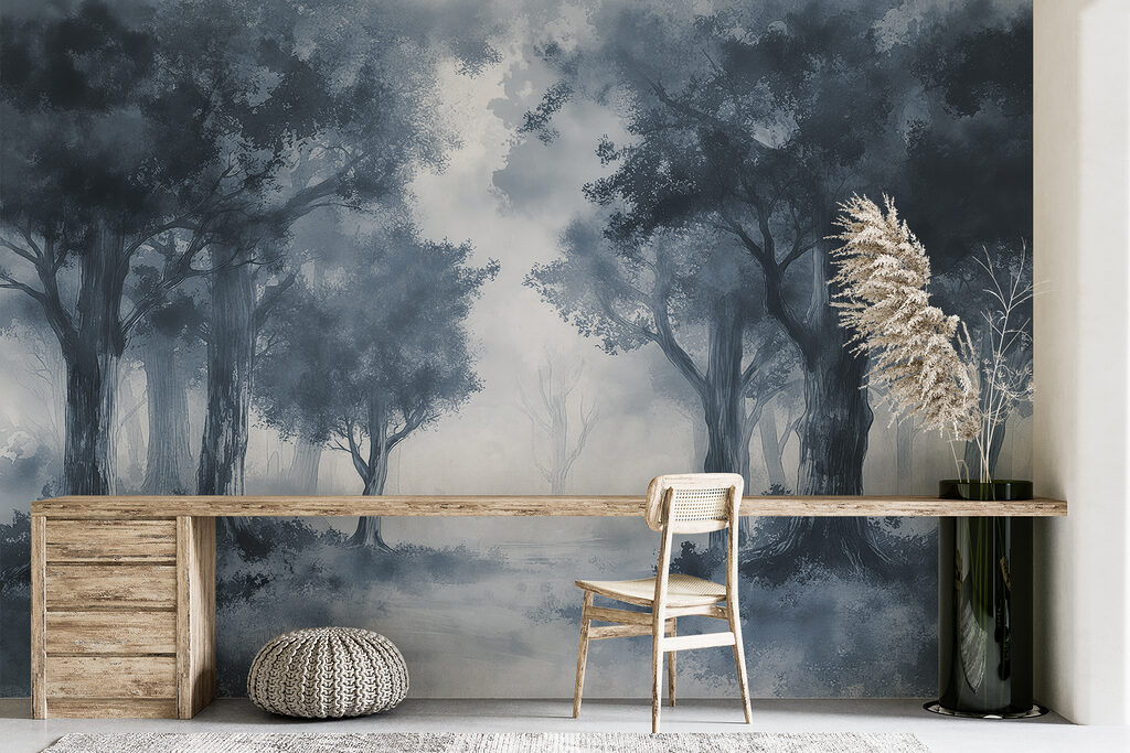 A foggy forest with trees and bushes