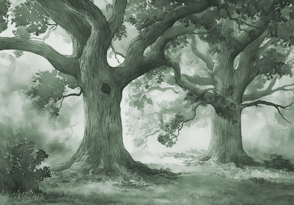 A group of trees in a foggy forest A group of trees in a foggy forest