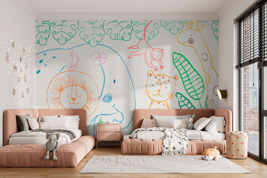 Wall murals A drawing of animals and plants