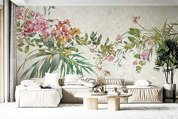 A painting of flowers and leaves A painting of flowers and leaves