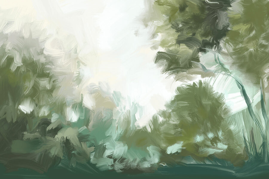 A painting of trees and bushes