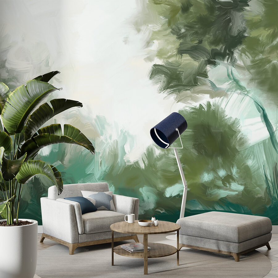 A painting of trees and bushes