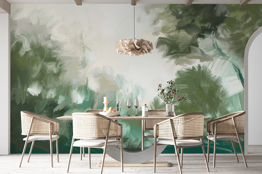 A painting of trees and bushes