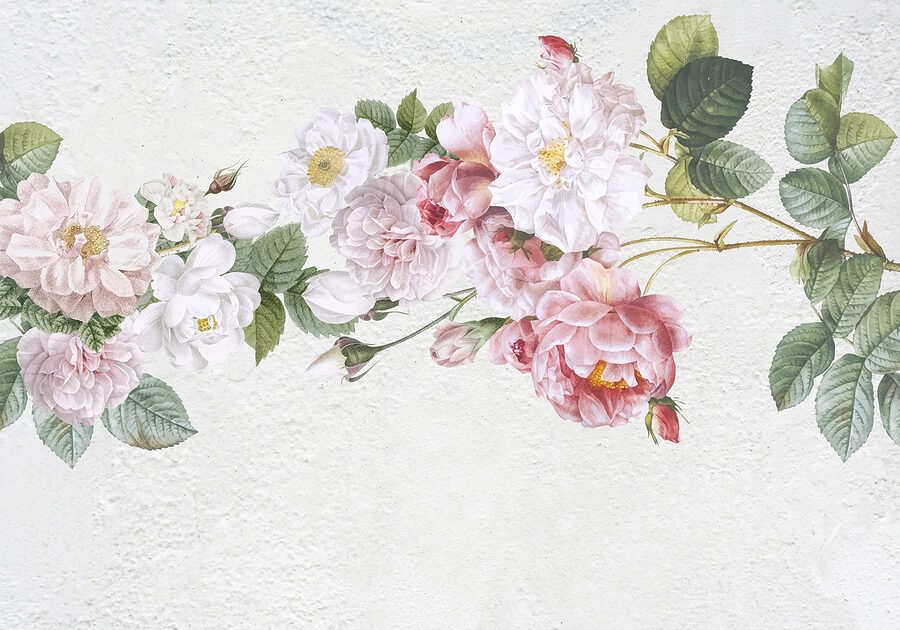 A painting of flowers on a white surface A painting of flowers on a white surface