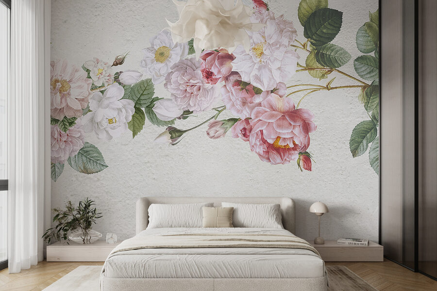 A painting of flowers on a white surface A painting of flowers on a white surface