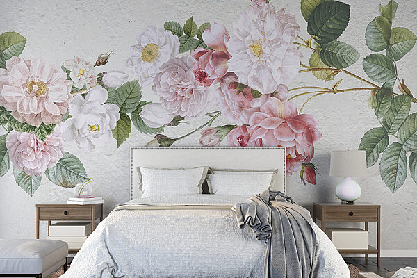 A painting of flowers on a white surface A painting of flowers on a white surface