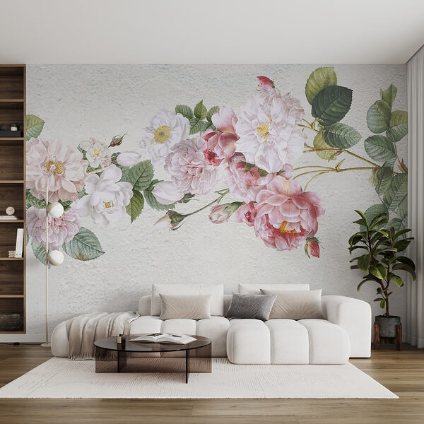 A painting of flowers on a white surface A painting of flowers on a white surface