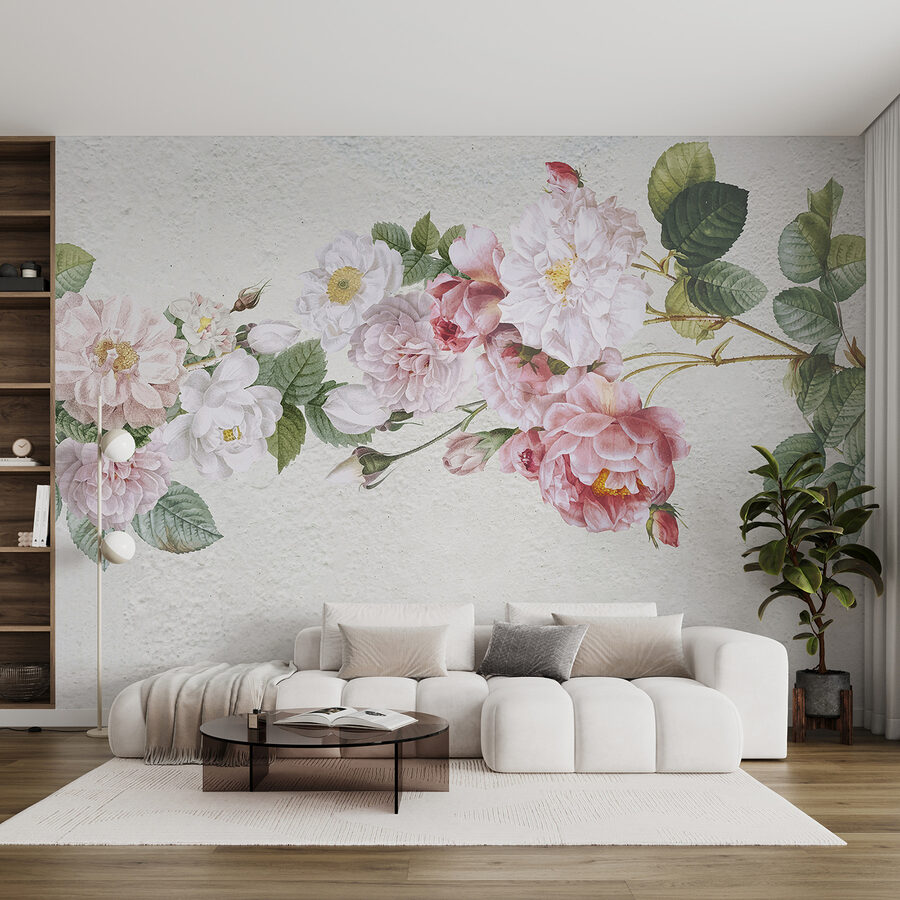 A painting of flowers on a white surface A painting of flowers on a white surface