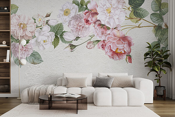 A painting of flowers on a white surface A painting of flowers on a white surface