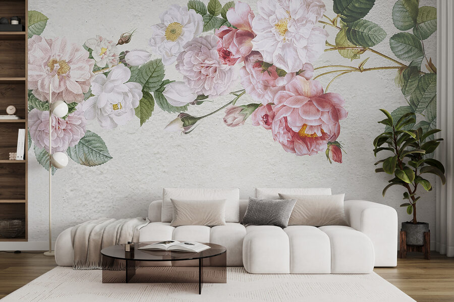 A painting of flowers on a white surface A painting of flowers on a white surface