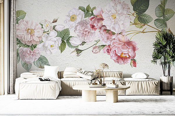 A painting of flowers on a white surface A painting of flowers on a white surface