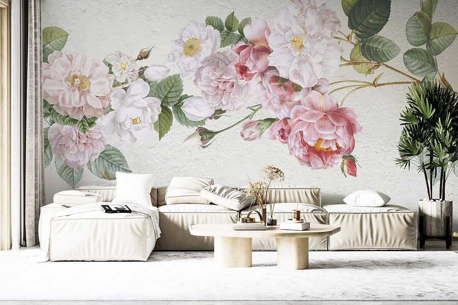 A painting of flowers on a white surface A painting of flowers on a white surface