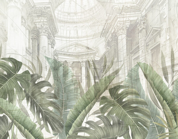A painting of a building with a large leaf A painting of a building with a large leaf