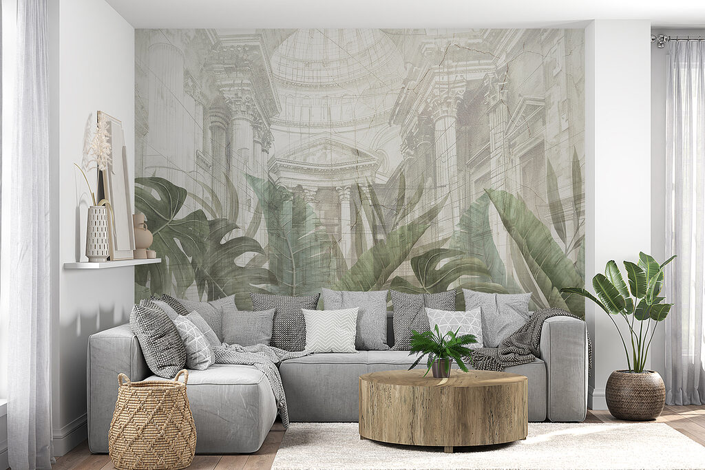 A painting of a building with a large leaf A painting of a building with a large leaf