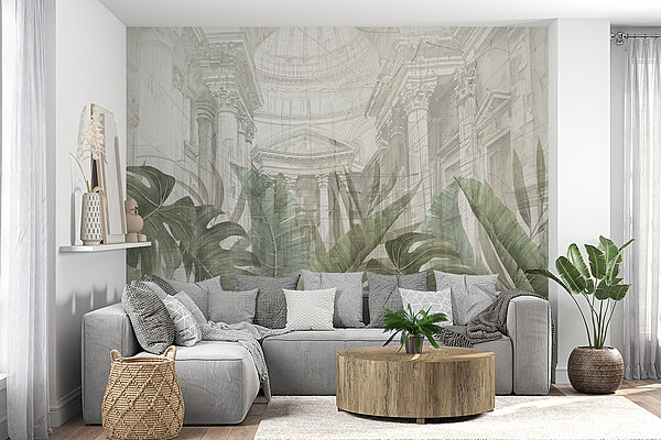 A painting of a building with a large leaf A painting of a building with a large leaf