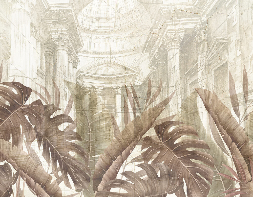 A painting of leaves and a building A painting of leaves and a building