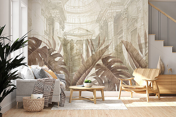 A painting of leaves and a building A painting of leaves and a building