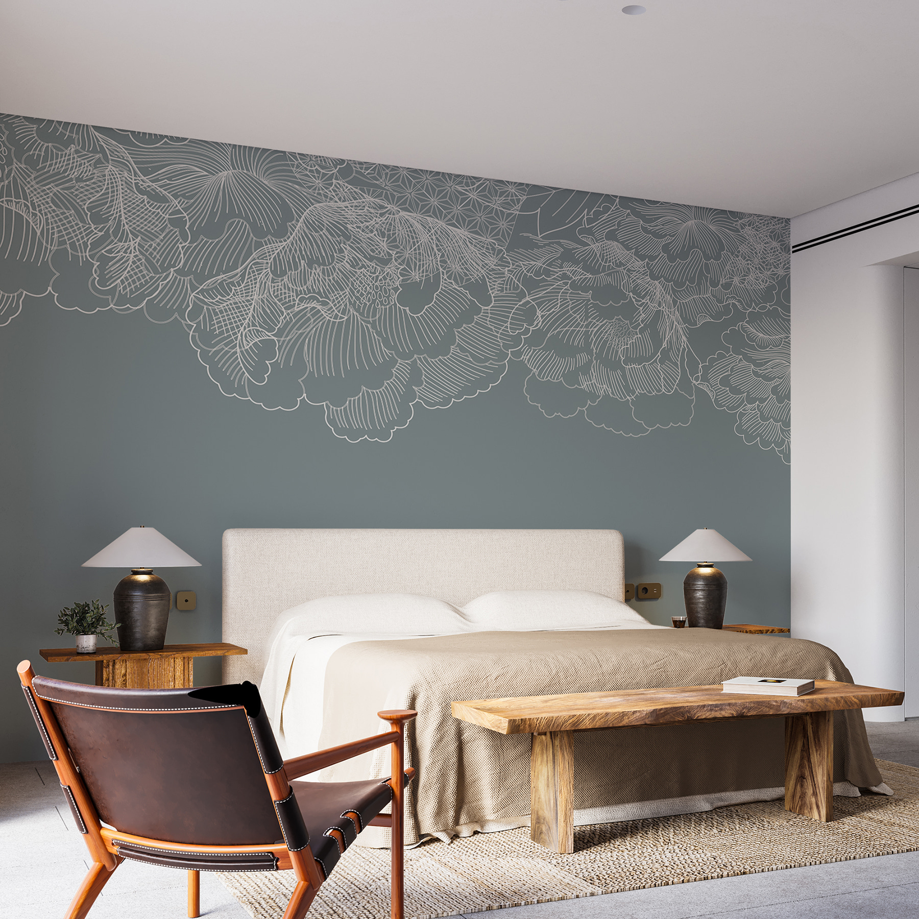 A white line drawing of flowers