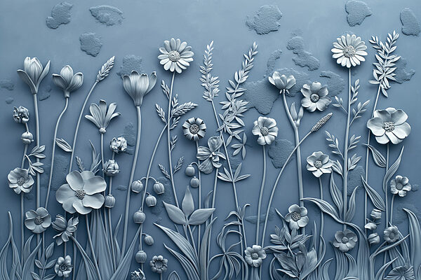 A grey wall with flowers and leaves