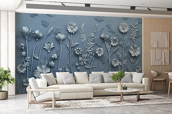 A grey wall with flowers and leaves