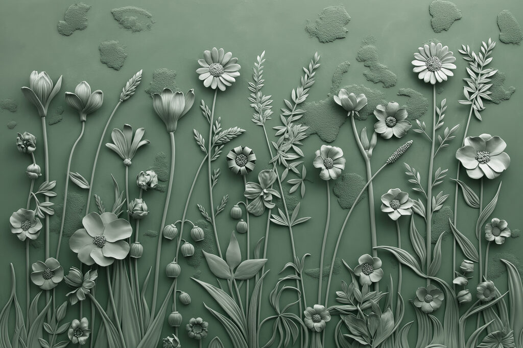 A grey sculpture of flowers and plants A grey sculpture of flowers and plants