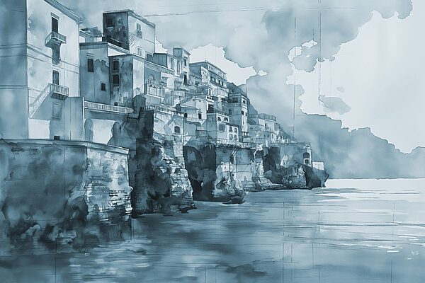 A watercolor of a city on a cliff A watercolor of a city on a cliff